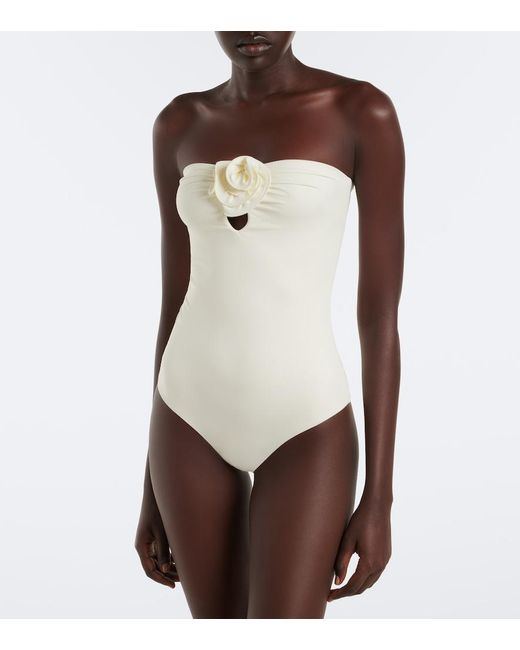 Magda Butrym White Floral-Applique Gathered Swimsuit