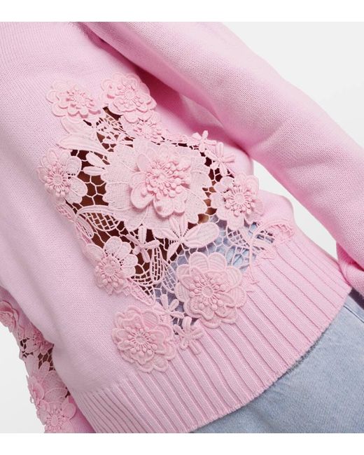 Oscar de la Renta Pink Floral Lace-trimmed Cotton Sweater