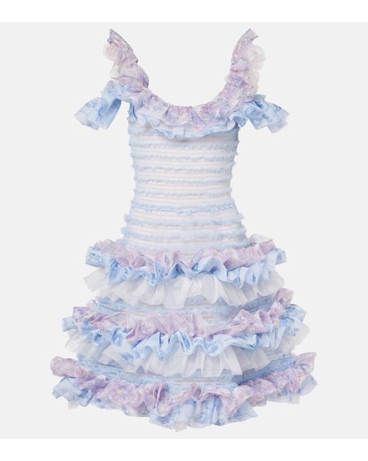 SUSAN FANG Blue Printed Smocked Ruffled Minidress
