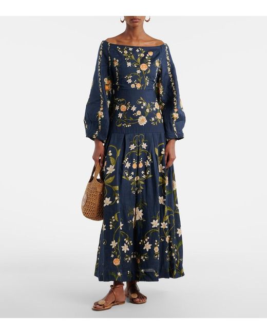 Agua Bendita Blue Senlis Off-Shoulder Cotton Maxi Dress