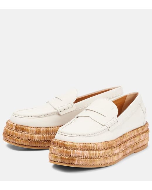 Tod's White Leather And Raffia Platform Loafers