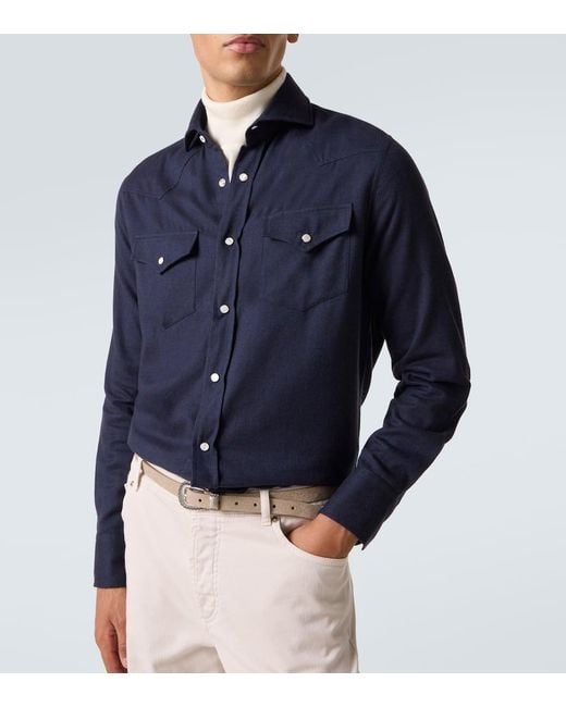 Brunello Cucinelli Blue Chevron Cotton-Blend Flannel Shirt for men