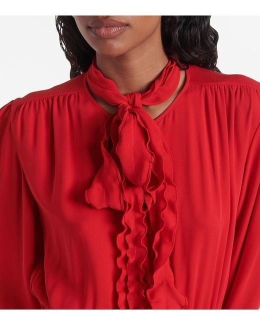 Valentino Red Ruffled Silk Georgette Midi Dress