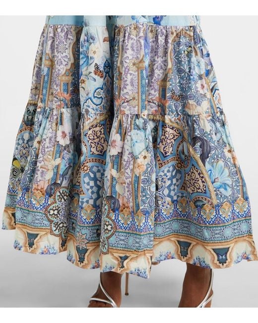 Camilla Blue Ruffled Crystal-Embellished Printed Organic Cotton-Poplin Maxi Dress
