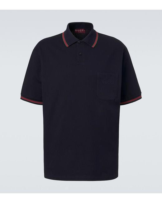 Gucci Blue Web Stripe Cotton-Blend Pique Polo Shirt for men