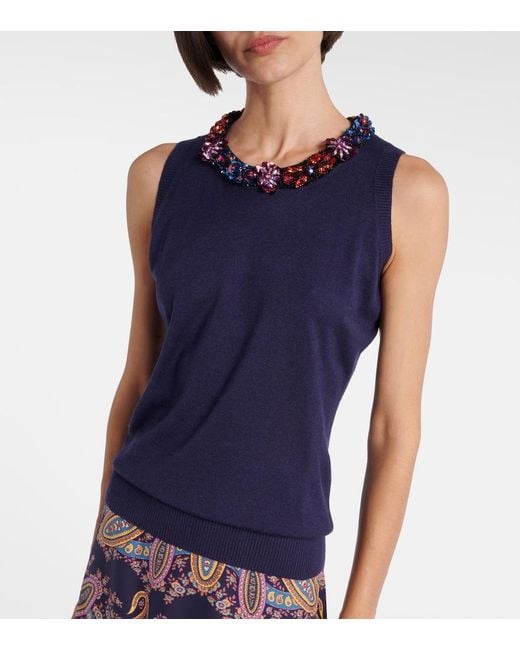 Etro Blue Embellished Silk And Cashmere Top
