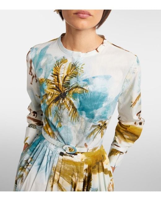Oscar de la Renta White Pleated Printed Cotton-Blend Cocktail Dress