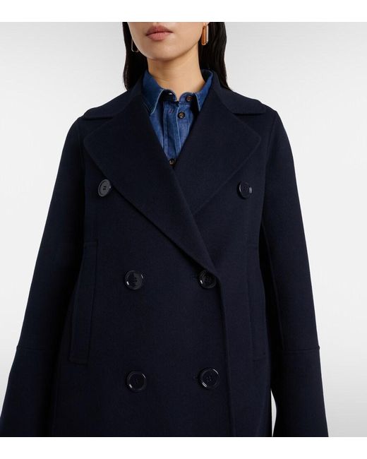 Max Mara Blue Custodi Double-Breasted Virgin Wool Coat