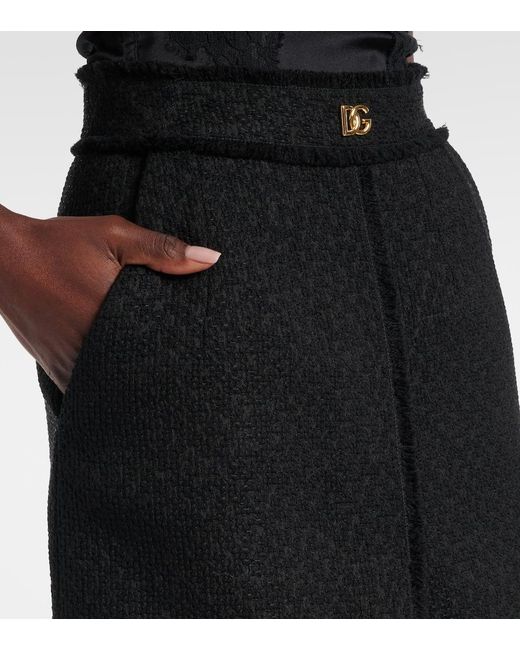 Dolce & Gabbana Black Raschel Tweed Midi Skirt With Central Slit And Dg Logo