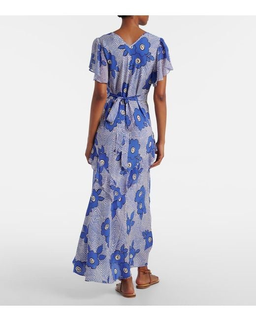 Rixo Blue Evie Floral Silk Maxi Dress