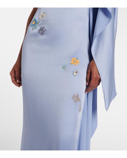 Erdem Blue Embellished Caped Satin Cady Gown