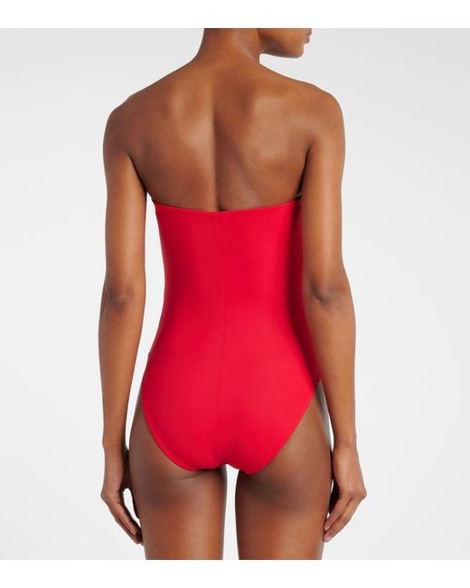 Karla Colletto Red Tess Floral-Applique Bandeau Swimsuit