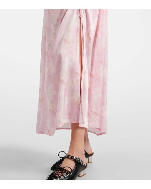 Vestido Midi De Saten Floral Fruncido Ganni de color Pink