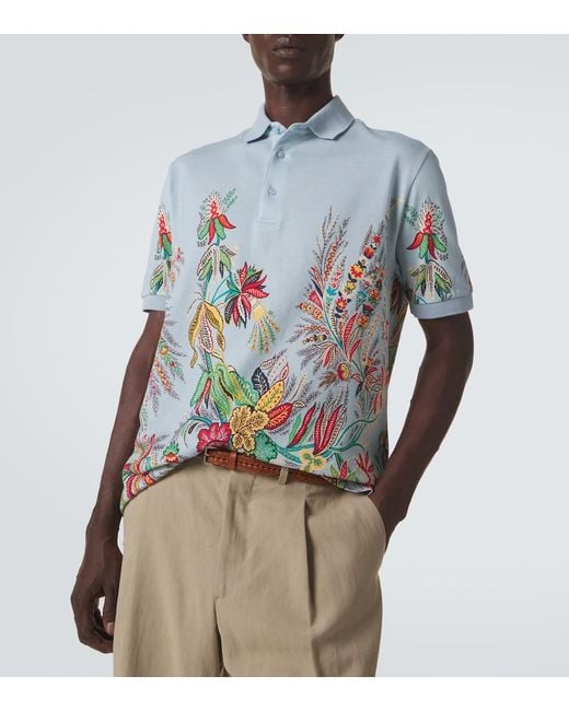 Etro Blue Printed Cotton Pique Polo Shirt for men