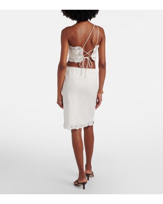 Posse White Darya Embroidered Linen And Cotton Midi Skirt