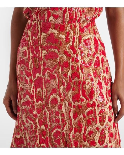 Dries Van Noten Red Shera Sequined Midi Skirt