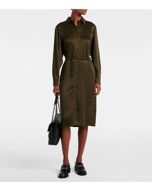 Gucci Green Gg Belted Satin Jacquard Shirt Dress
