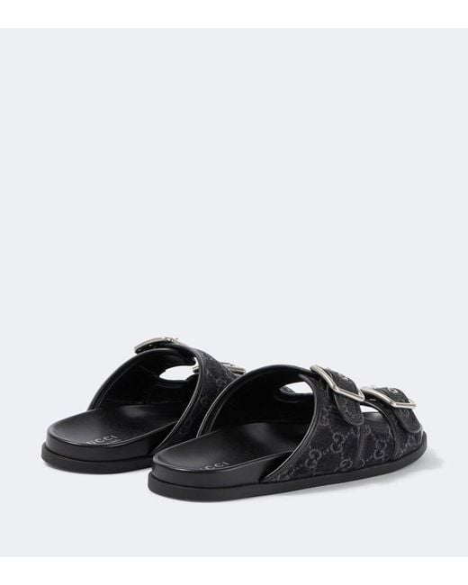 Gucci Black Gg Leather-Trimmed Canvas Slides for men