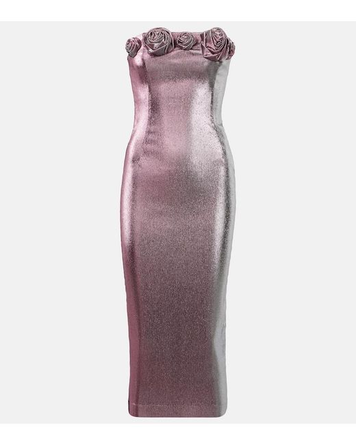 Area Purple Floral-Applique Lame Midi Dress