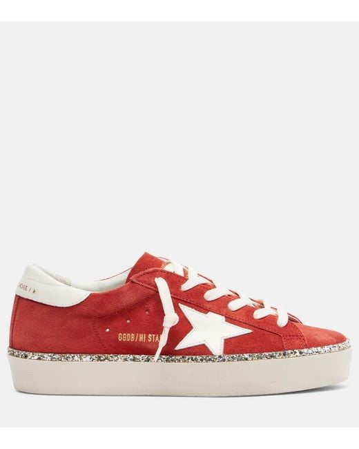 Golden Goose Deluxe Brand Red Hi Star Glitter-Trimmed Suede Sneakers