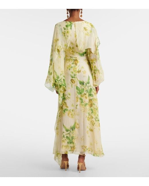 Erdem Yellow Draped Floral Silk Creponne Midi Dress