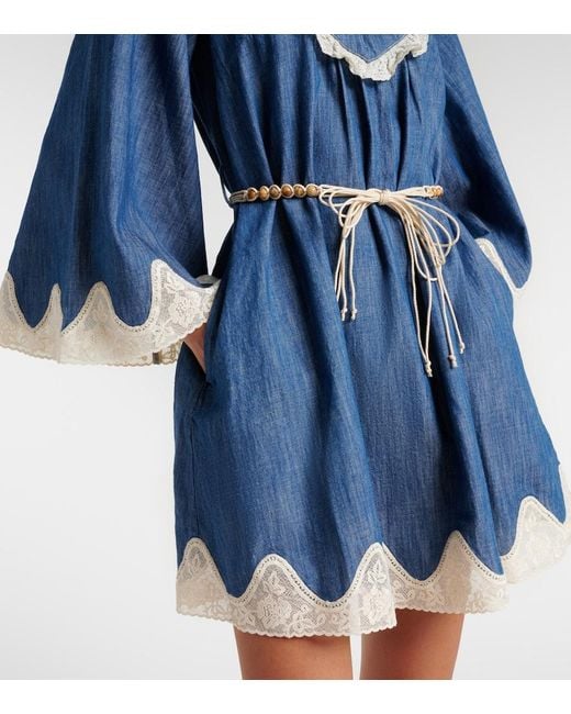 Zimmermann Blue Awaken Belted Lace-Trimmed Denim Minidress