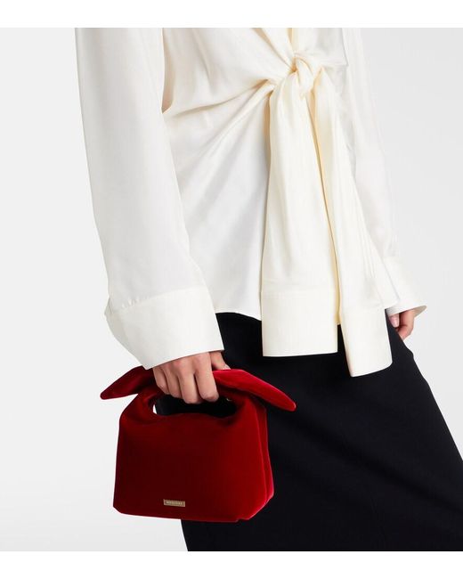 Aquazzura Red Bow Tie Small Velvet Tote Bag