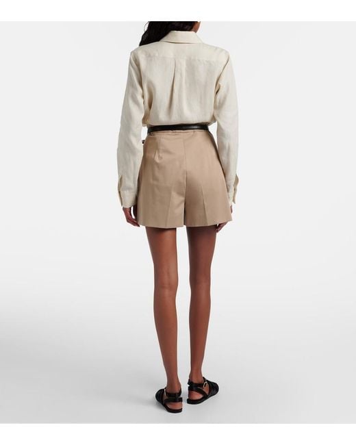 Max Mara Natural Tabacco Pleated Cotton-Blend Shorts