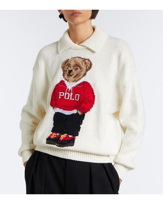 Polo Ralph Lauren White Polo Bear Intarsia Linen And Cotton Sweater