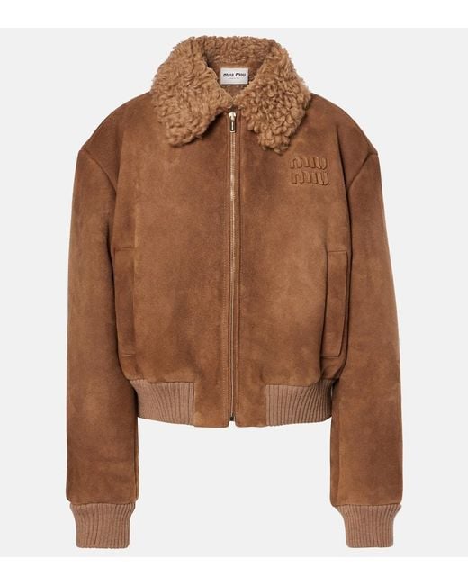 Miu Miu Brown Shearling-Trimmed Cropped Suede Jacket