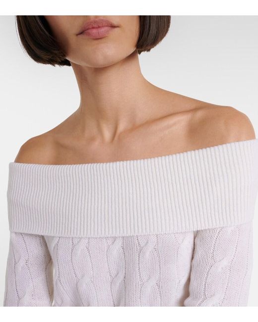 Ralph Lauren White Cable-Knit Off-Shoulder Cashmere Sweater