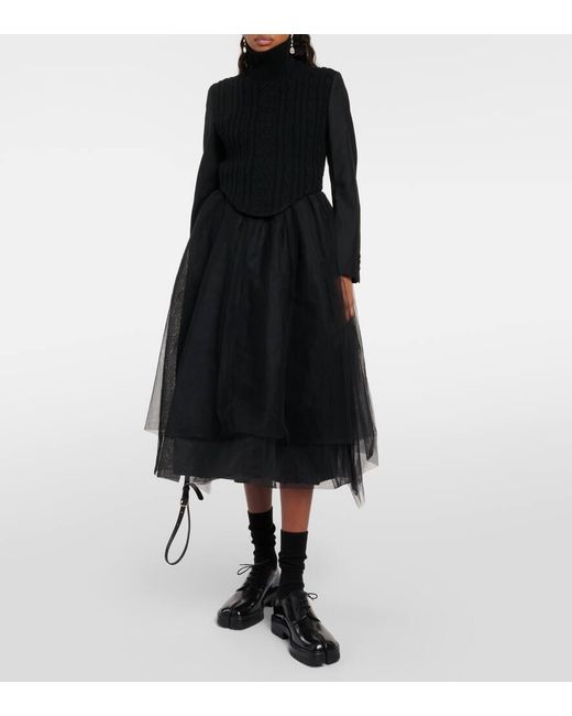 Noir Kei Ninomiya Black Wool-blend And Tulle Midi Dress