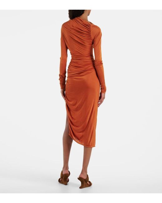 Rick Owens Orange Svita Ruched Satin Jersey Midi Dress
