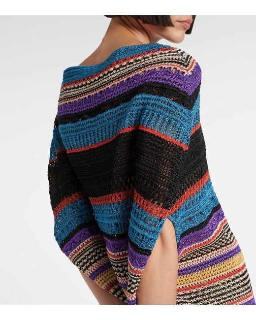 Valentino Blue Crochet Striped Lame Poncho