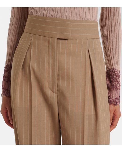 Valentino Natural Pinstripe Pleated Wool Wide-Leg Pants