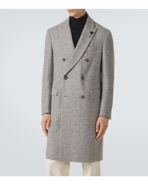 Lardini Gray Herringbone Double-Breasted Virgin Wool Coat for men