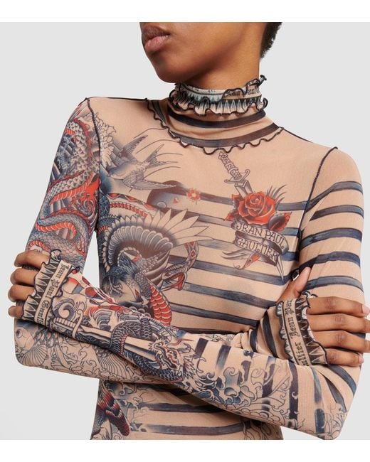 Jean Paul Gaultier Tattoo Collection Tulle Turtleneck Top in Gray | Lyst