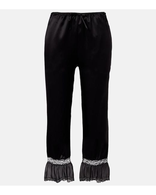 Saint Laurent Black Lace-Trimmed Silk Satin Wide-Leg Pants