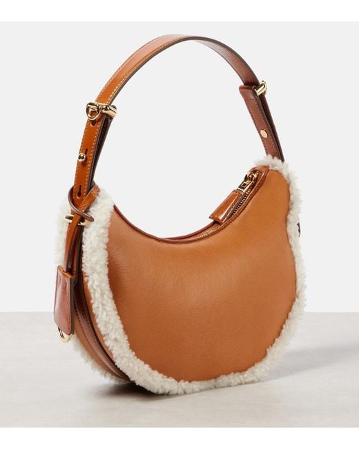 Prada Brown Arque Small Shearling-Trimmed Leather Shoulder Bag