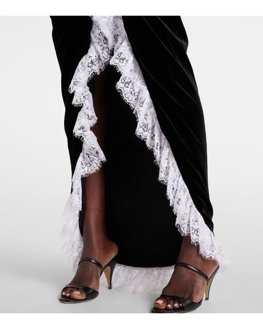 Alessandra Rich Black Lace-Trimmed Velvet Maxi Dress