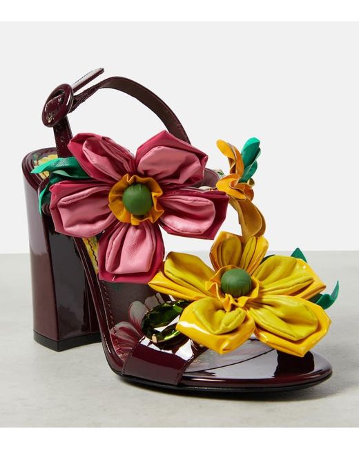 Sandalias de piel con apliques florales Dolce & Gabbana de color Red