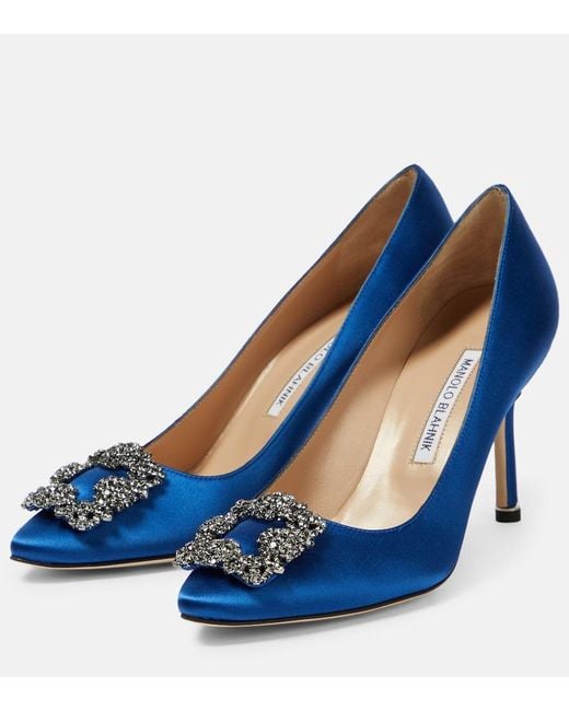 Manolo Blahnik Blue Hangisi 90 Embellished Satin Pumps