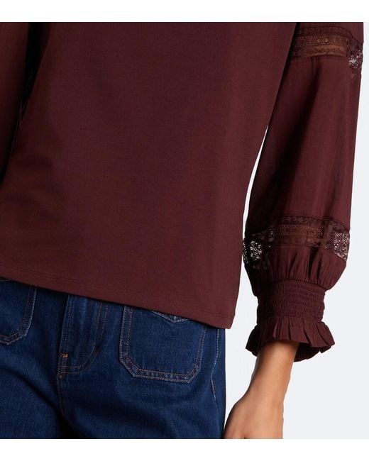 Veronica Beard Purple Bellamie Lace-Trimmed Cotton-Blend Jersey Top