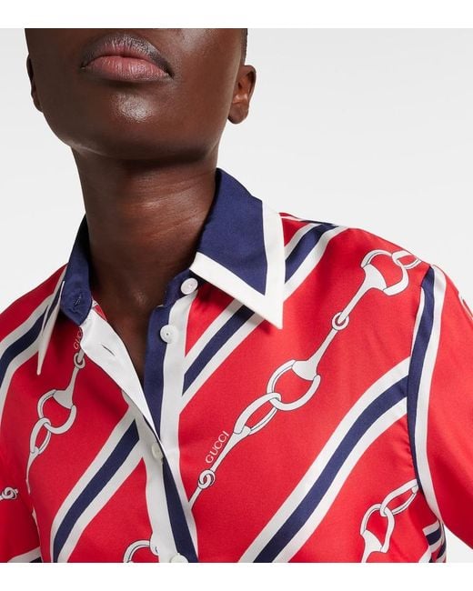 Gucci Red Horsebit Cropped Silk Twill Shirt