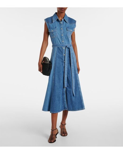 AG Jeans Blue Belted Paneled Denim Midi Dress