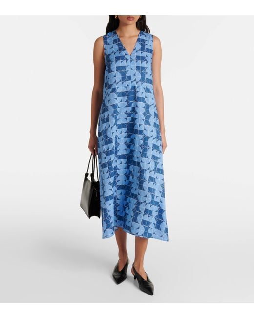 Max Mara Blue Urlo Printed Linen Midi Dress