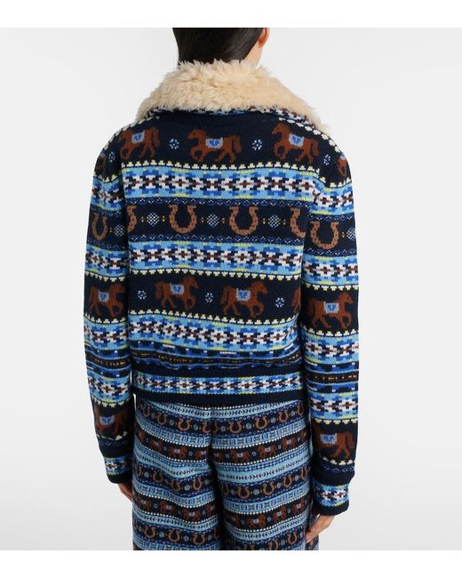 Stella McCartney Blue Intarsia Virgin Wool Zip-Up Cardigan