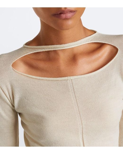 Rick Owens White Slashed Cut-Out Cropped Virgin Wool Sweater