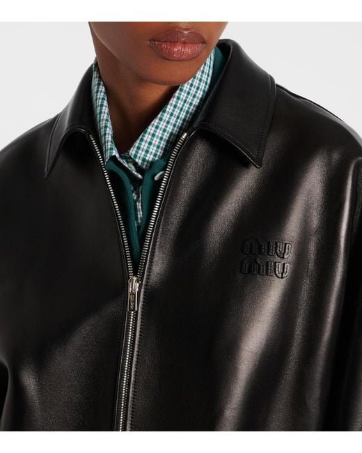 Veste En Cuir A Logo Miu Miu en coloris Black