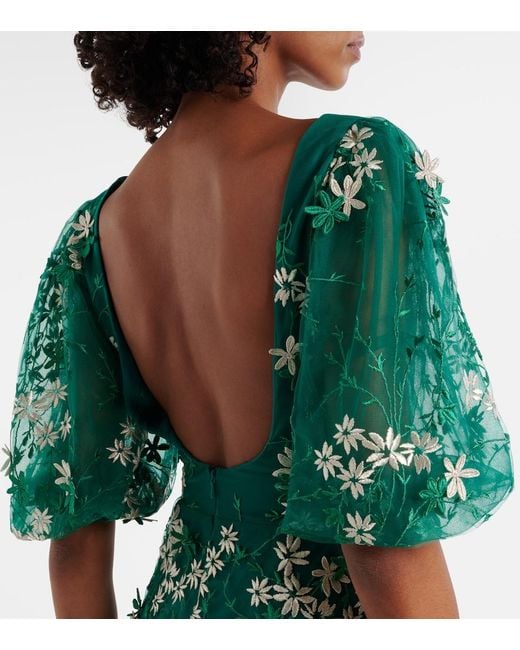 Costarellos Green Floral-Applique Tulle And Lurex Gown